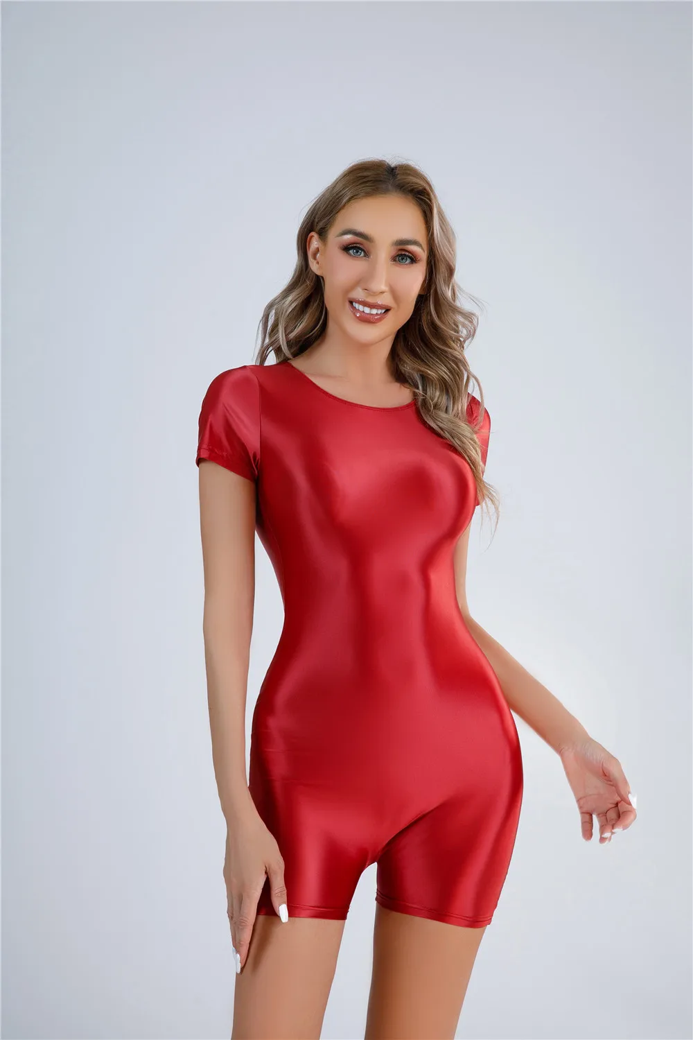 Sexy Women Oil Glossy Shiny Tube Bodysuit Elastic One Piece Thong Candy Color Sexy Tights Bandage Satin Shaper Leotard Short