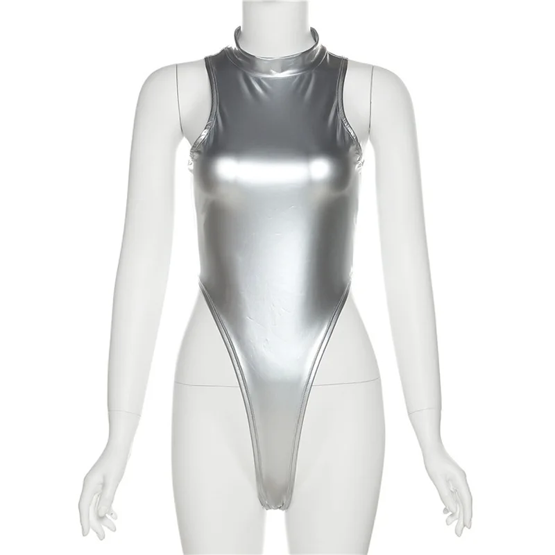 Summer Sleeveless Sexy Bodysuit Slim Silver Y2k Clothes Skinny High Waist One-pieces Women O-neck Hot Bodys Para Mujer De Vestir