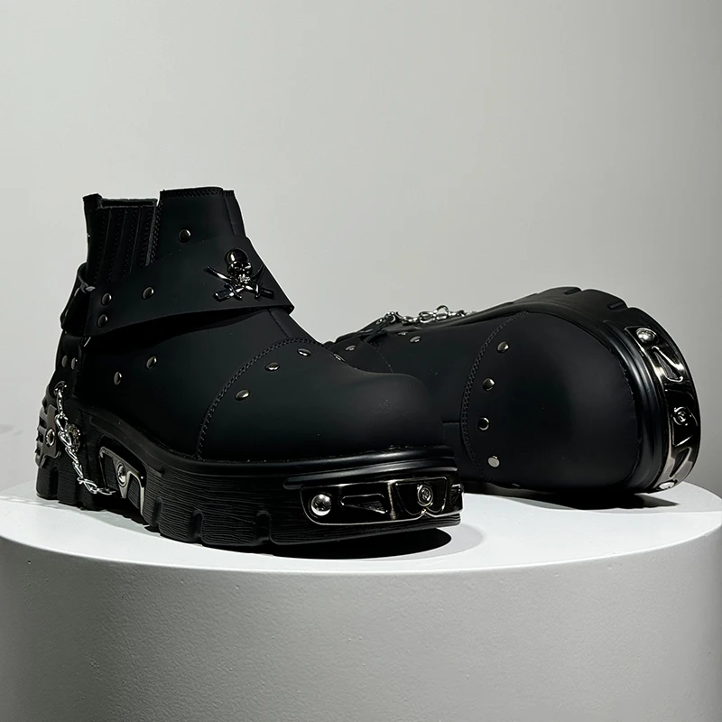 Men New Black Rock Punk Metal Patchwork Fashionable Boots Men Low Cut Height Increasing Fashionable Casual Shoes