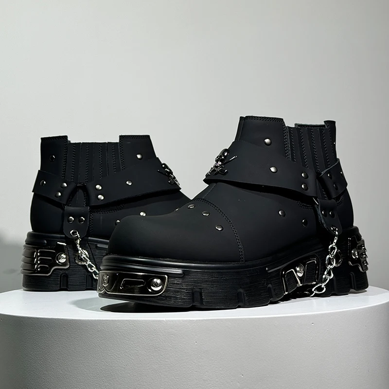 Men New Black Rock Punk Metal Patchwork Fashionable Boots Men Low Cut Height Increasing Fashionable Casual Shoes