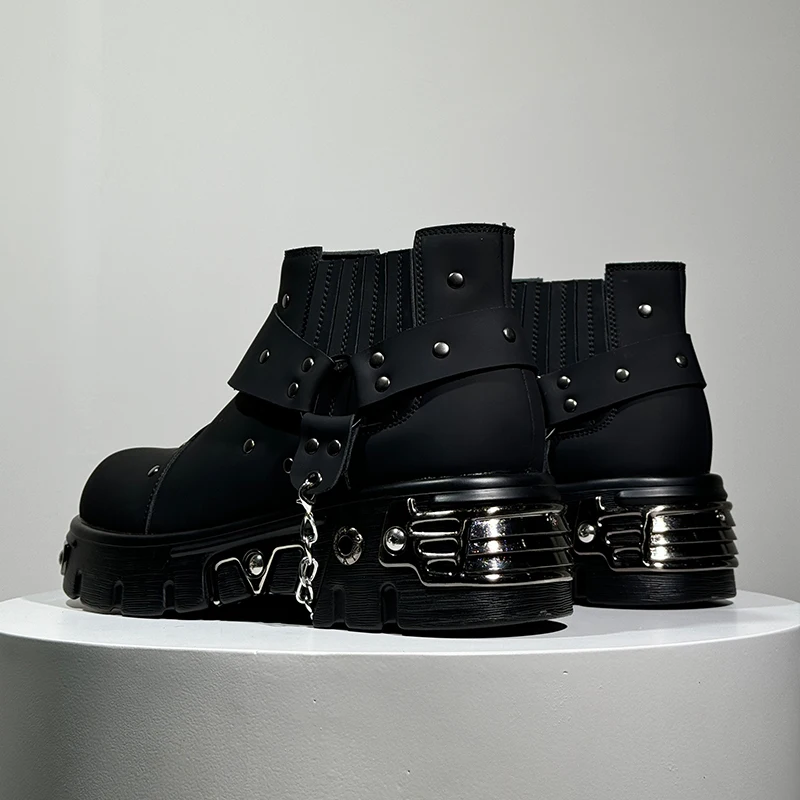 Men New Black Rock Punk Metal Patchwork Fashionable Boots Men Low Cut Height Increasing Fashionable Casual Shoes