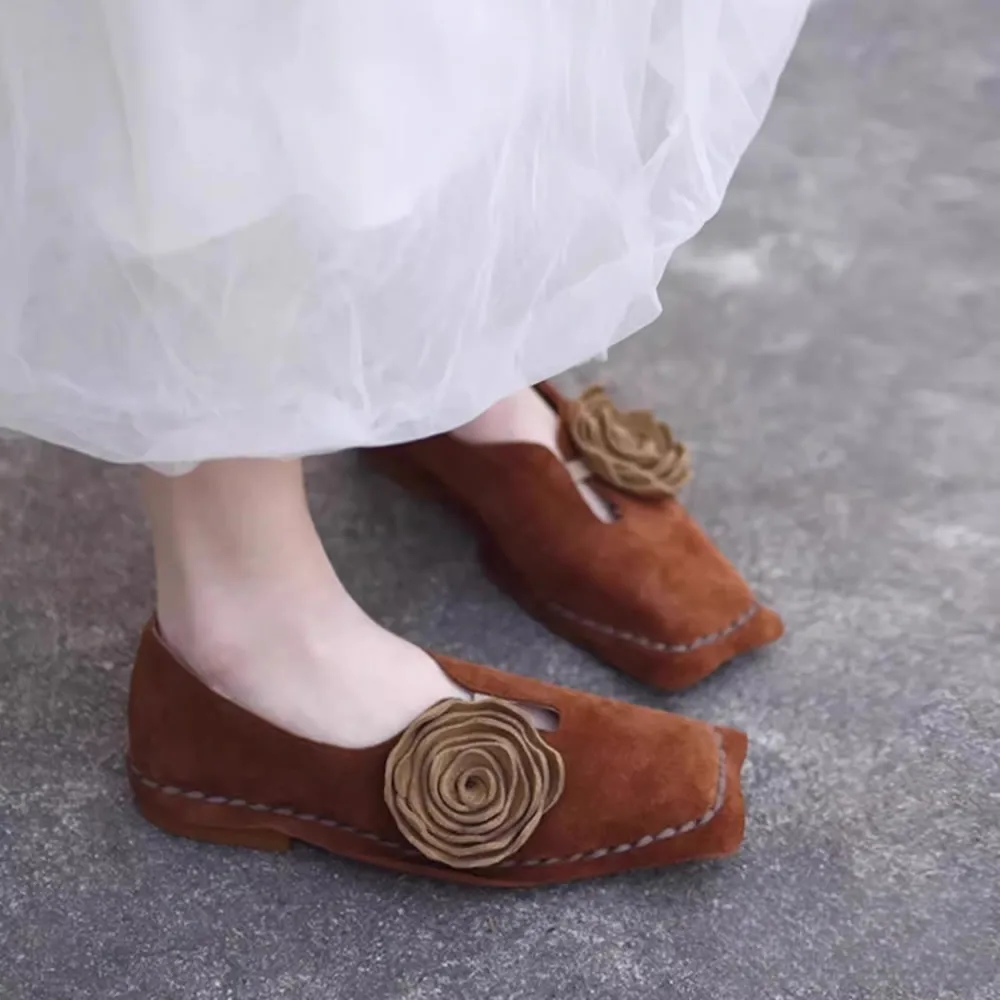 Car Stitch Flat Shoes Women's Spring and Autumn New Retro Niche Flower Square Toe Deep Mouth Soft Sole Single Shoes