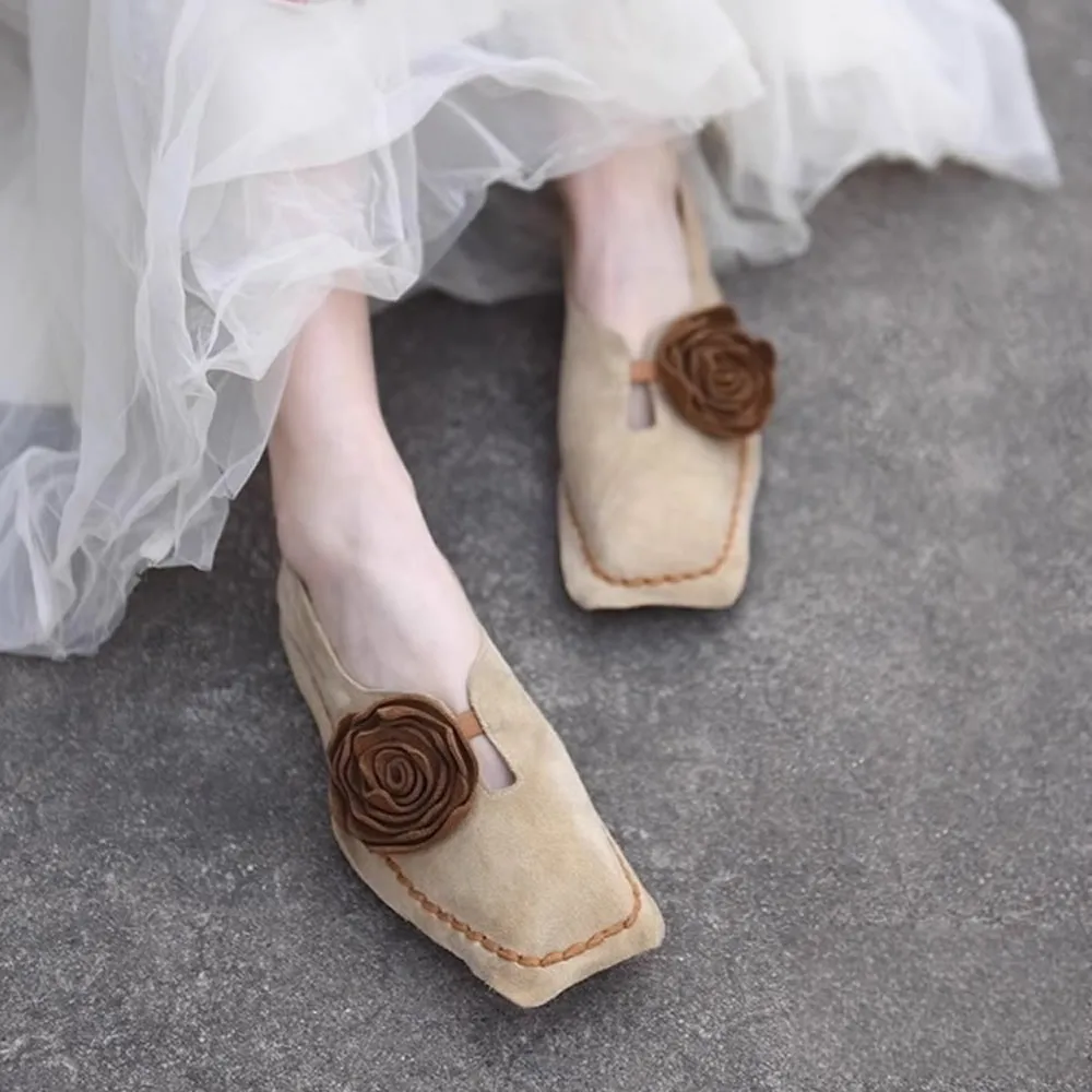 Car Stitch Flat Shoes Women's Spring and Autumn New Retro Niche Flower Square Toe Deep Mouth Soft Sole Single Shoes