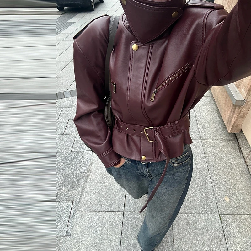 Vintage Women's Leather Jacket Stand Collar Pocket Short Coat Retro Waistband Zipper Outwear 2025 New Autumn Winter Lad Jackets