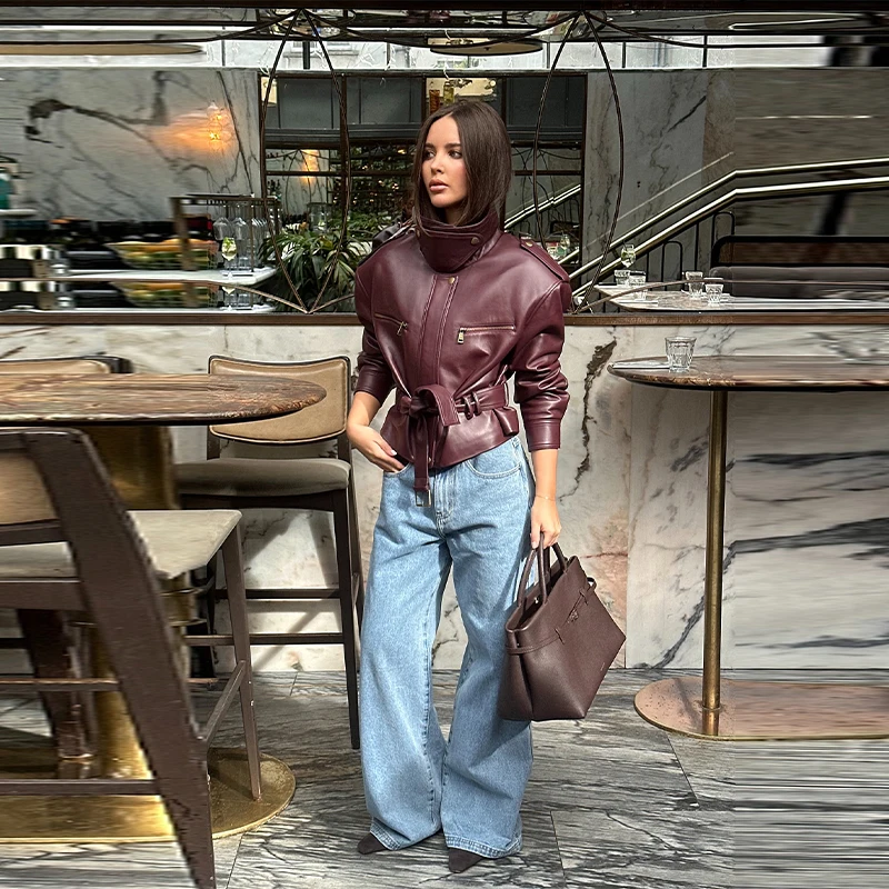 Vintage Women's Leather Jacket Stand Collar Pocket Short Coat Retro Waistband Zipper Outwear 2025 New Autumn Winter Lad Jackets