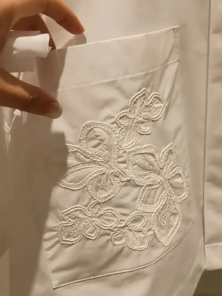 2025 Summer Short Blouses Half Sleeve Embroidered Short Sleeve Top Flip Collar Loose Bat Sleeve White Shirt For Women
