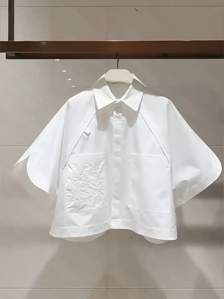2025 Summer Short Blouses Half Sleeve Embroidered Short Sleeve Top Flip Collar Loose Bat Sleeve White Shirt For Women
