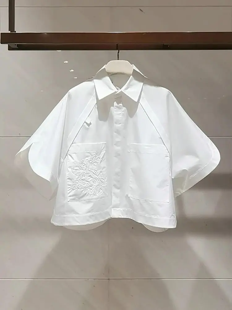 2025 Summer Short Blouses Half Sleeve Embroidered Short Sleeve Top Flip Collar Loose Bat Sleeve White Shirt For Women