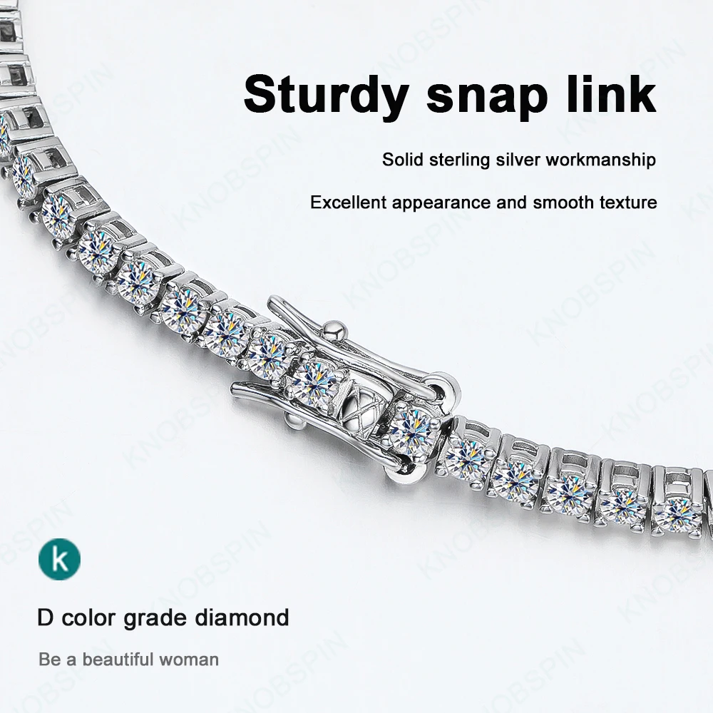 KNOBSPIN 2mm D Color Moissanite Tennis Bracelets for Woman Man Sparkling Diamonds with GRA s925 Sterling Sliver Hip Hop Bracelet