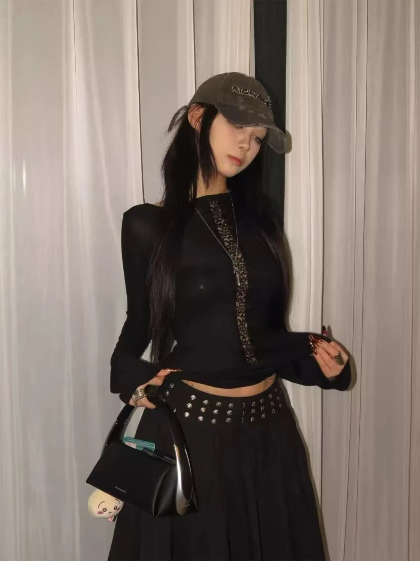 Seeslim Women's T-shirt 2000s Clothes Y2k Korean Fashion Long Sleeve Hotsweet Tees Female Goth Skinny Hollow Out Off Shoulder