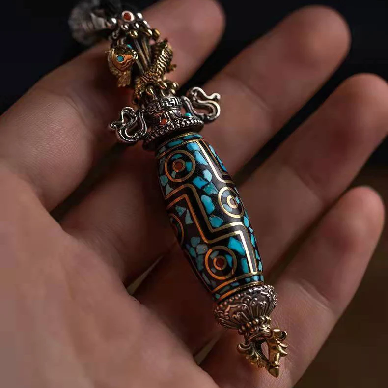 QN Silver Color National Tide Retro Buddhist Vajra Dzi Pendant Men's Necklace Personality Trendy Gift Fashion Jewelry