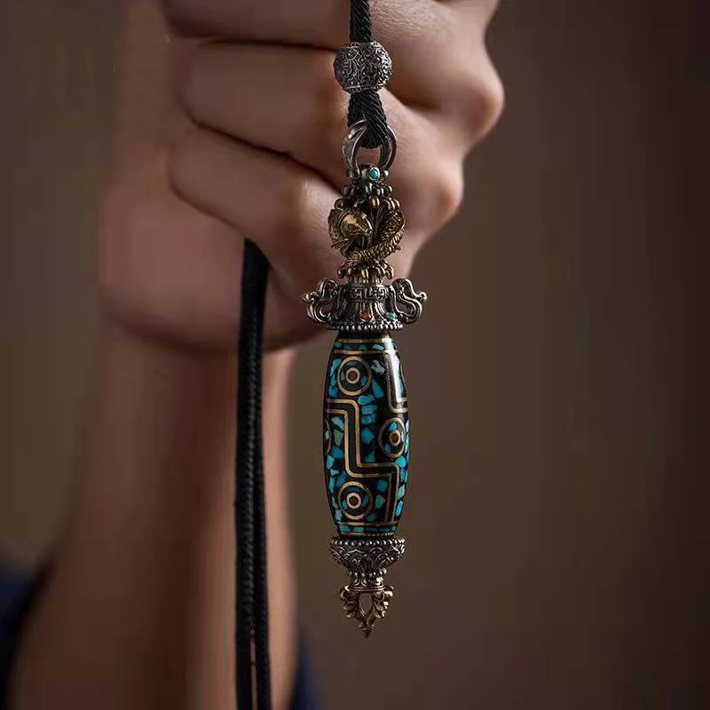 QN Silver Color National Tide Retro Buddhist Vajra Dzi Pendant Men's Necklace Personality Trendy Gift Fashion Jewelry