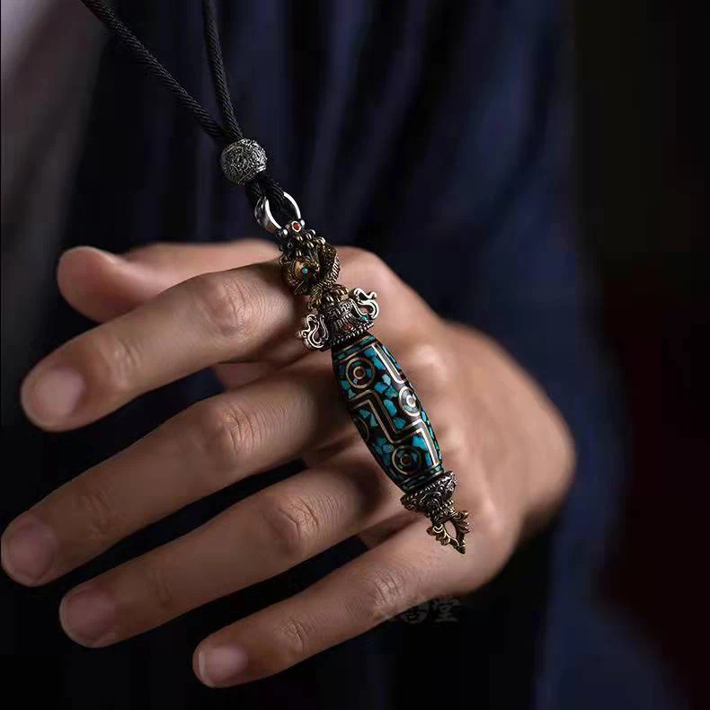 QN Silver Color National Tide Retro Buddhist Vajra Dzi Pendant Men's Necklace Personality Trendy Gift Fashion Jewelry