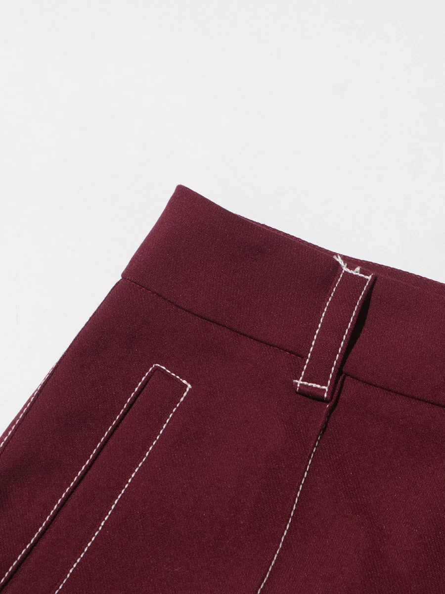 TWOTWINSTYLE Burgundy Two Piece Set For Women Notched Collar Long Sleeve Top High Waist Straight Pant Temperament Sets Female
