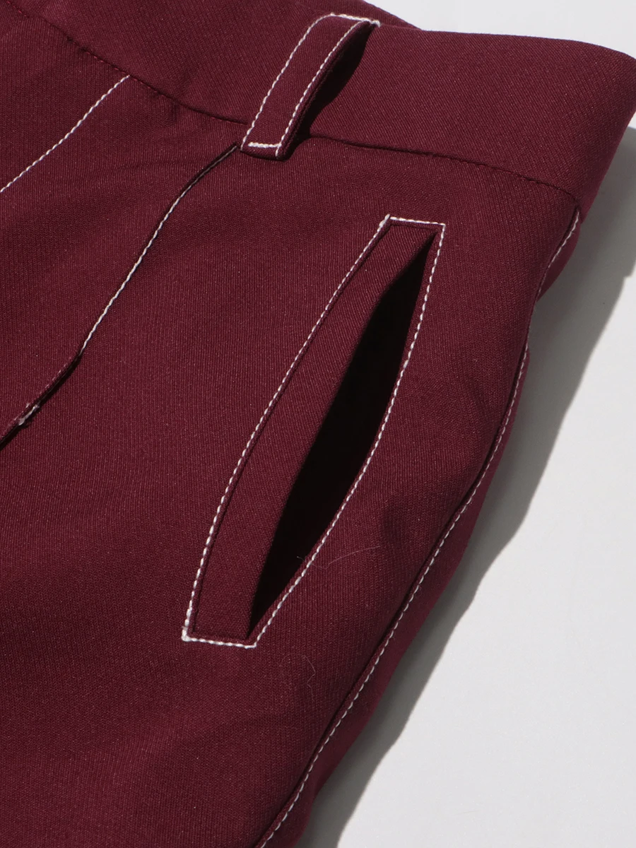 TWOTWINSTYLE Burgundy Two Piece Set For Women Notched Collar Long Sleeve Top High Waist Straight Pant Temperament Sets Female