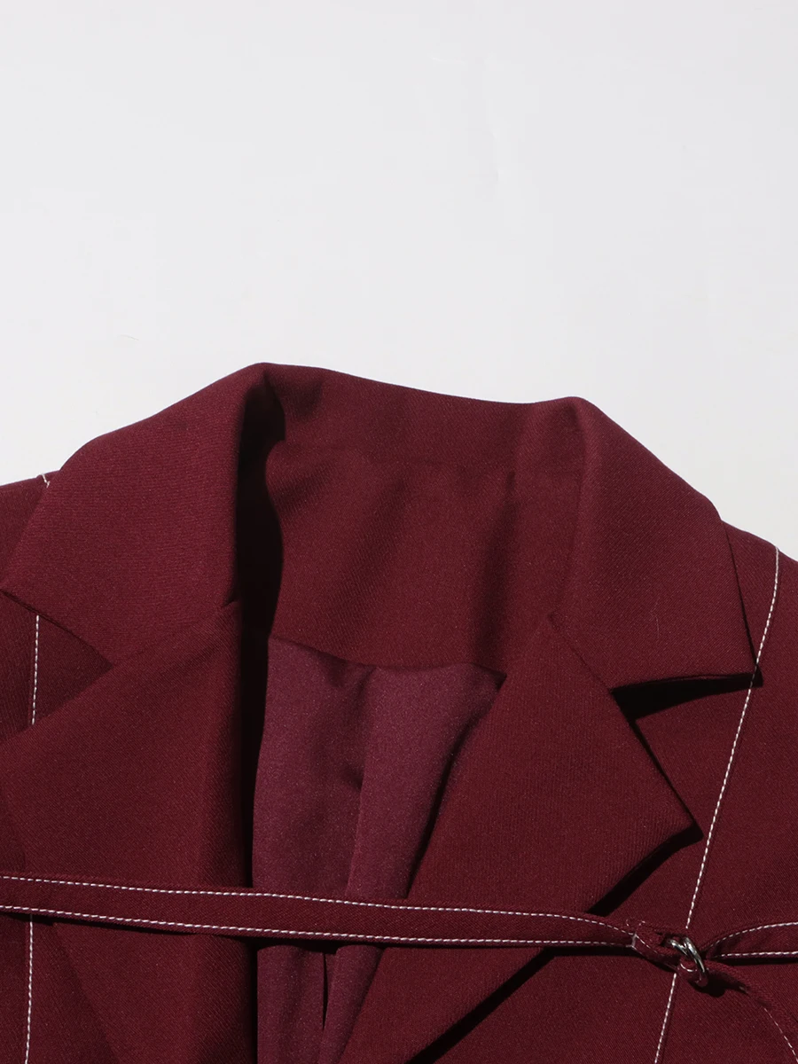 TWOTWINSTYLE Burgundy Two Piece Set For Women Notched Collar Long Sleeve Top High Waist Straight Pant Temperament Sets Female