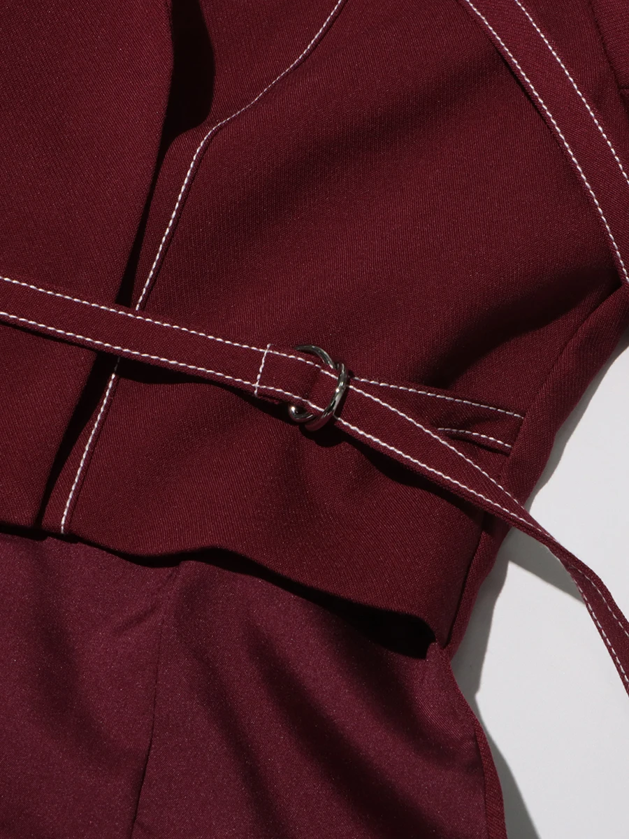 TWOTWINSTYLE Burgundy Two Piece Set For Women Notched Collar Long Sleeve Top High Waist Straight Pant Temperament Sets Female