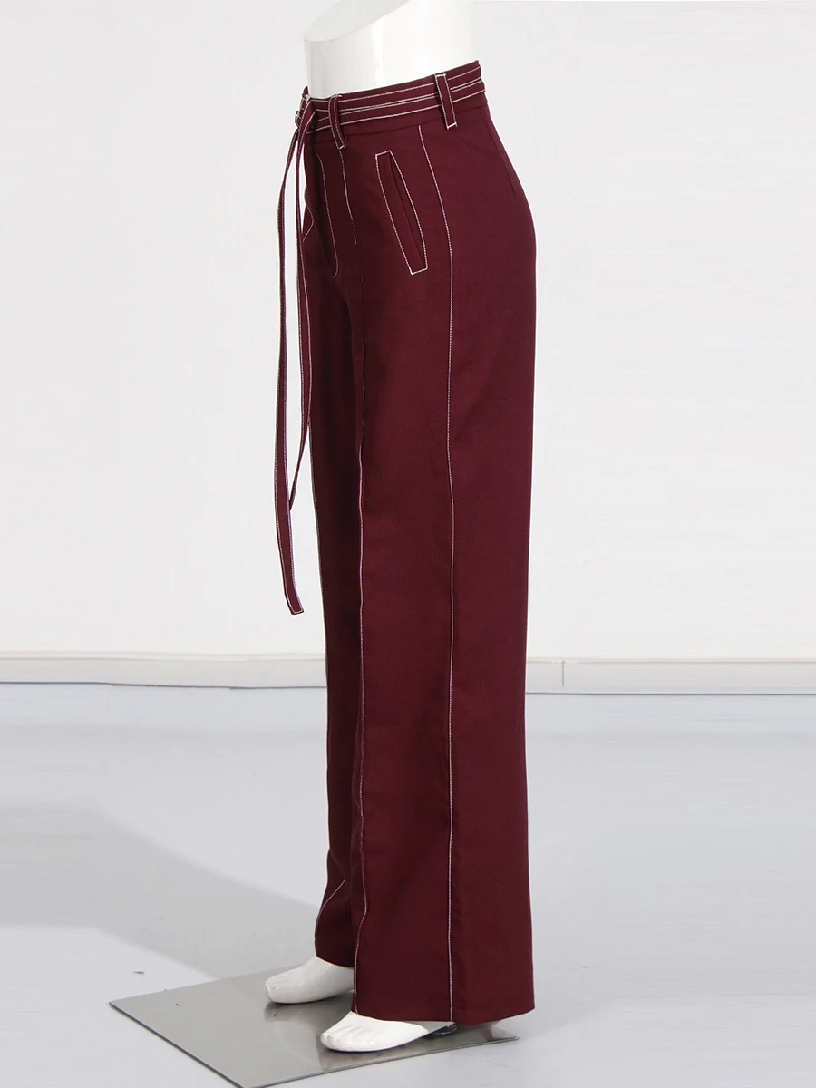 TWOTWINSTYLE Burgundy Two Piece Set For Women Notched Collar Long Sleeve Top High Waist Straight Pant Temperament Sets Female