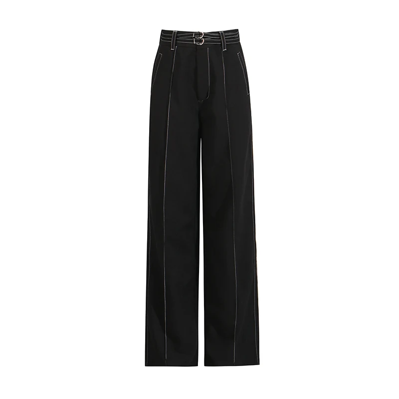 TWOTWINSTYLE Burgundy Two Piece Set For Women Notched Collar Long Sleeve Top High Waist Straight Pant Temperament Sets Female