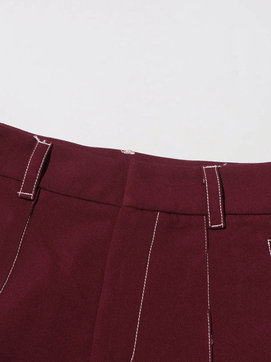 TWOTWINSTYLE Burgundy Two Piece Set For Women Notched Collar Long Sleeve Top High Waist Straight Pant Temperament Sets Female