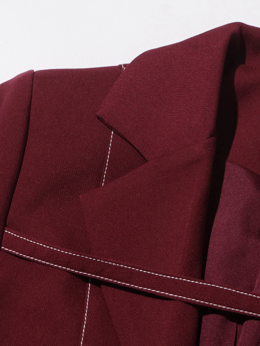 TWOTWINSTYLE Burgundy Two Piece Set For Women Notched Collar Long Sleeve Top High Waist Straight Pant Temperament Sets Female