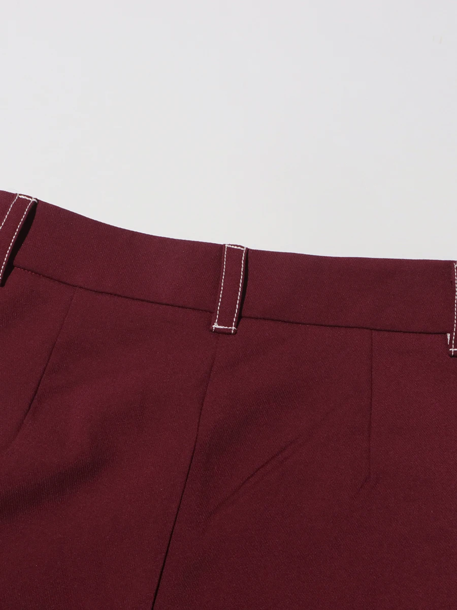 TWOTWINSTYLE Burgundy Two Piece Set For Women Notched Collar Long Sleeve Top High Waist Straight Pant Temperament Sets Female