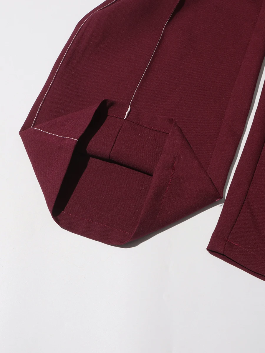 TWOTWINSTYLE Burgundy Two Piece Set For Women Notched Collar Long Sleeve Top High Waist Straight Pant Temperament Sets Female