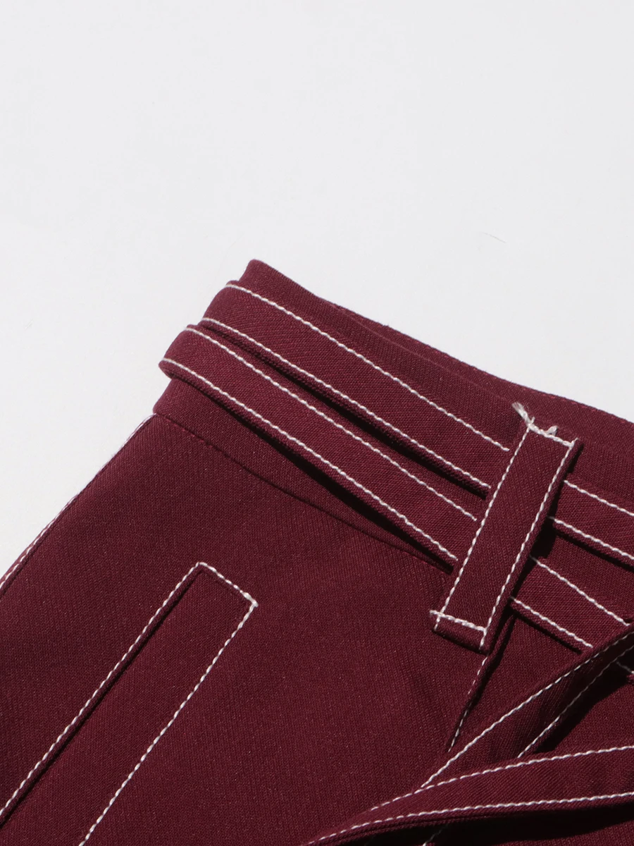 TWOTWINSTYLE Burgundy Two Piece Set For Women Notched Collar Long Sleeve Top High Waist Straight Pant Temperament Sets Female