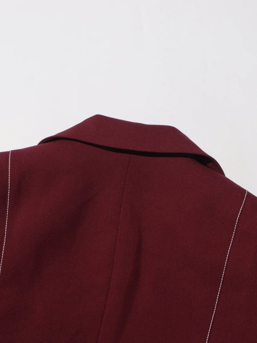 TWOTWINSTYLE Burgundy Two Piece Set For Women Notched Collar Long Sleeve Top High Waist Straight Pant Temperament Sets Female