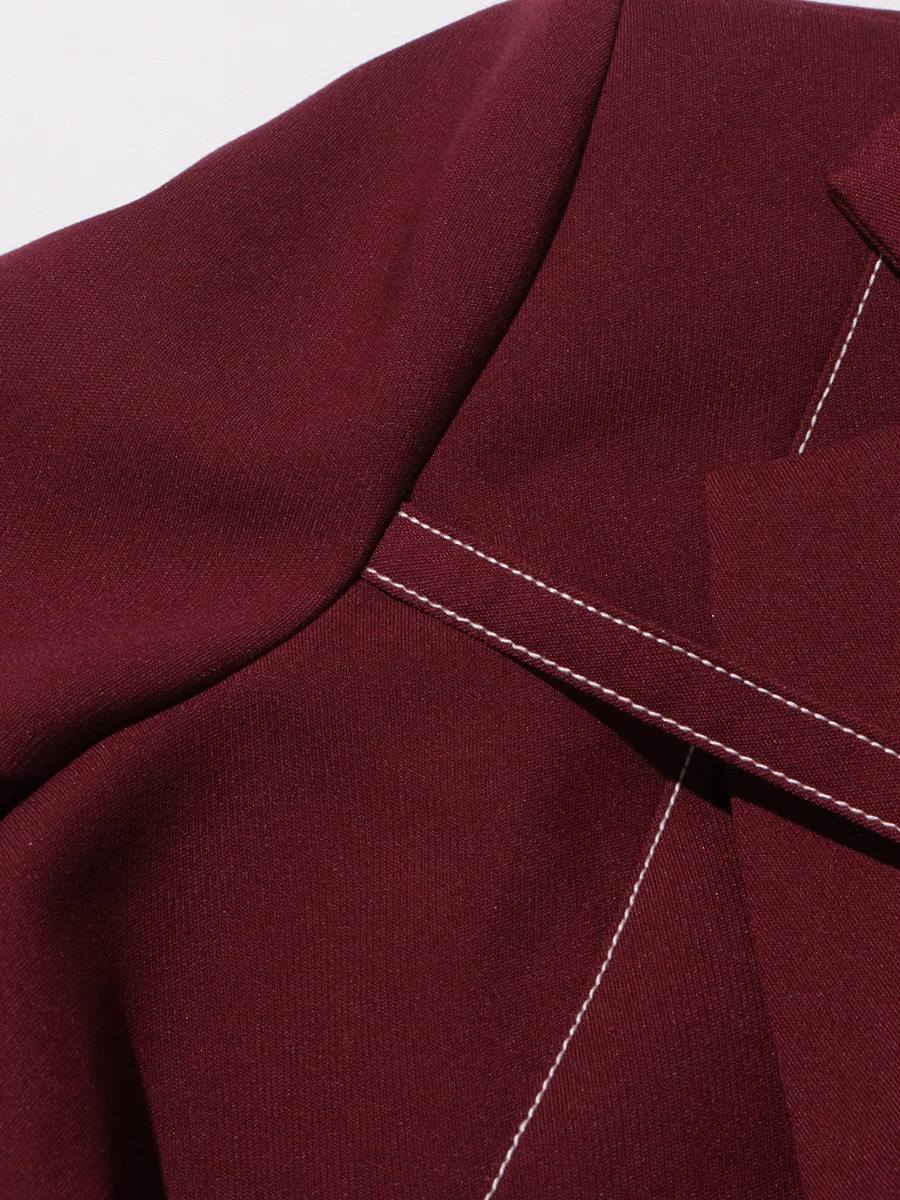 TWOTWINSTYLE Burgundy Two Piece Set For Women Notched Collar Long Sleeve Top High Waist Straight Pant Temperament Sets Female