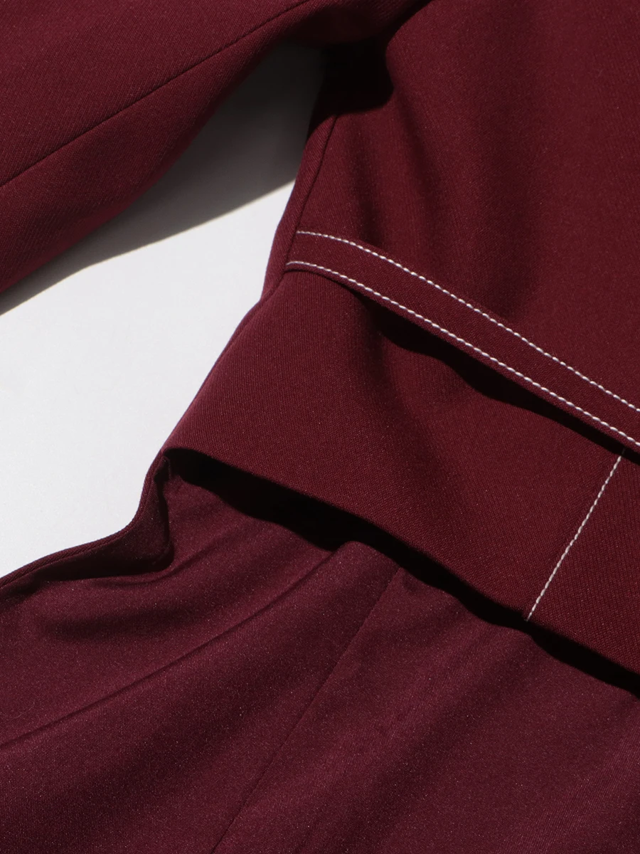 TWOTWINSTYLE Burgundy Two Piece Set For Women Notched Collar Long Sleeve Top High Waist Straight Pant Temperament Sets Female