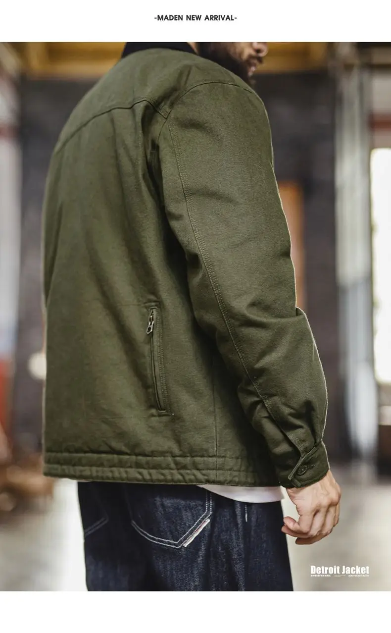 Maden Vintage Men's J001 Detroit Jacket Lapel Collar Warm Quilted Work jacket Heavyweight Cotton Safari Coat for Autumn Winter