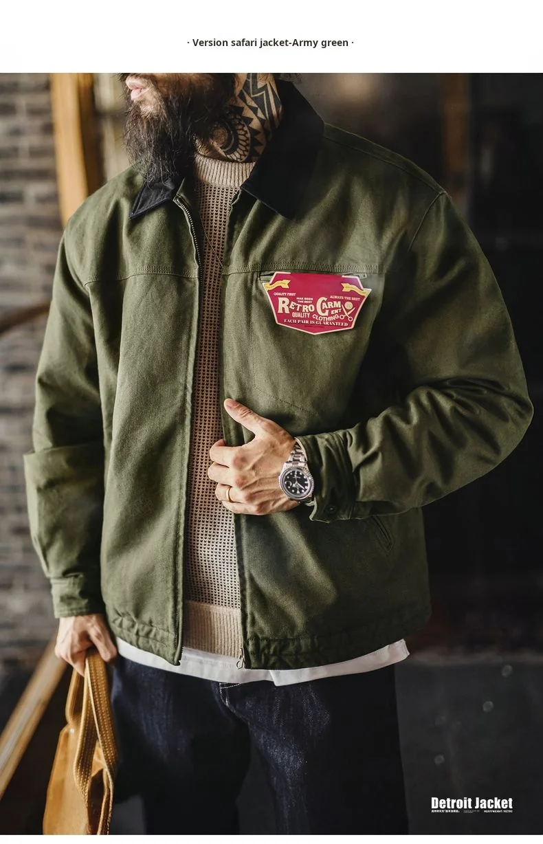 Maden Vintage Men's J001 Detroit Jacket Lapel Collar Warm Quilted Work jacket Heavyweight Cotton Safari Coat for Autumn Winter