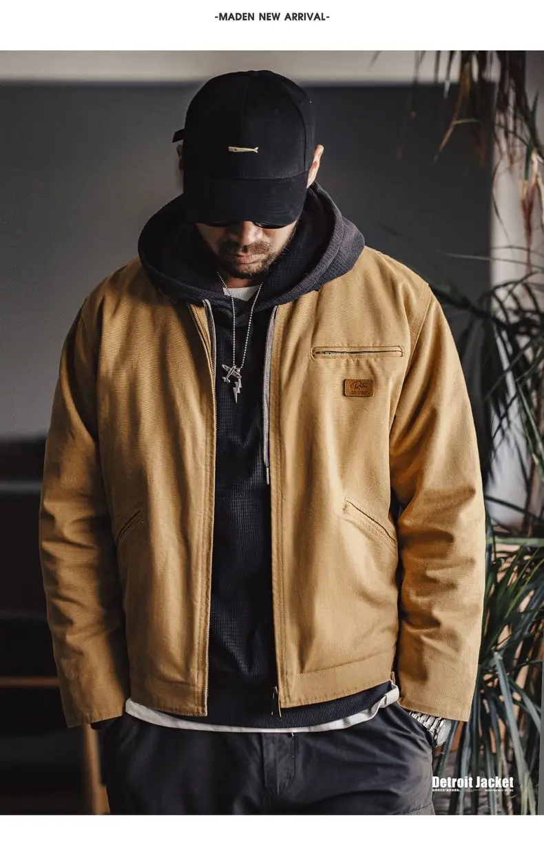 Maden Vintage Men's J001 Detroit Jacket Lapel Collar Warm Quilted Work jacket Heavyweight Cotton Safari Coat for Autumn Winter