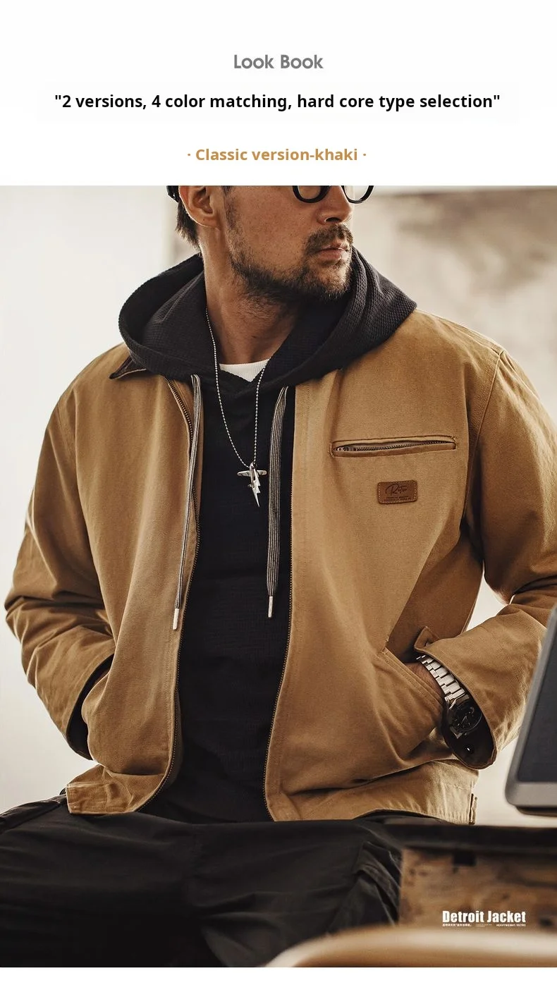 Maden Vintage Men's J001 Detroit Jacket Lapel Collar Warm Quilted Work jacket Heavyweight Cotton Safari Coat for Autumn Winter