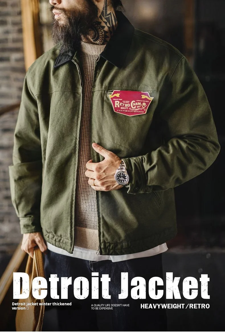 Maden Vintage Men's J001 Detroit Jacket Lapel Collar Warm Quilted Work jacket Heavyweight Cotton Safari Coat for Autumn Winter