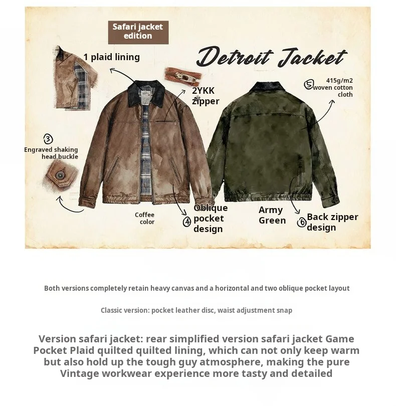 Maden Vintage Men's J001 Detroit Jacket Lapel Collar Warm Quilted Work jacket Heavyweight Cotton Safari Coat for Autumn Winter