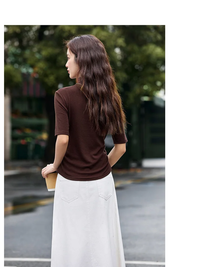VIMLY Women's Half Sleeve T-shirts Autumn 2026 Casual Folds Mandarin Collar Knitted Slim Fit Ladies Tops Woman Clothing A2811