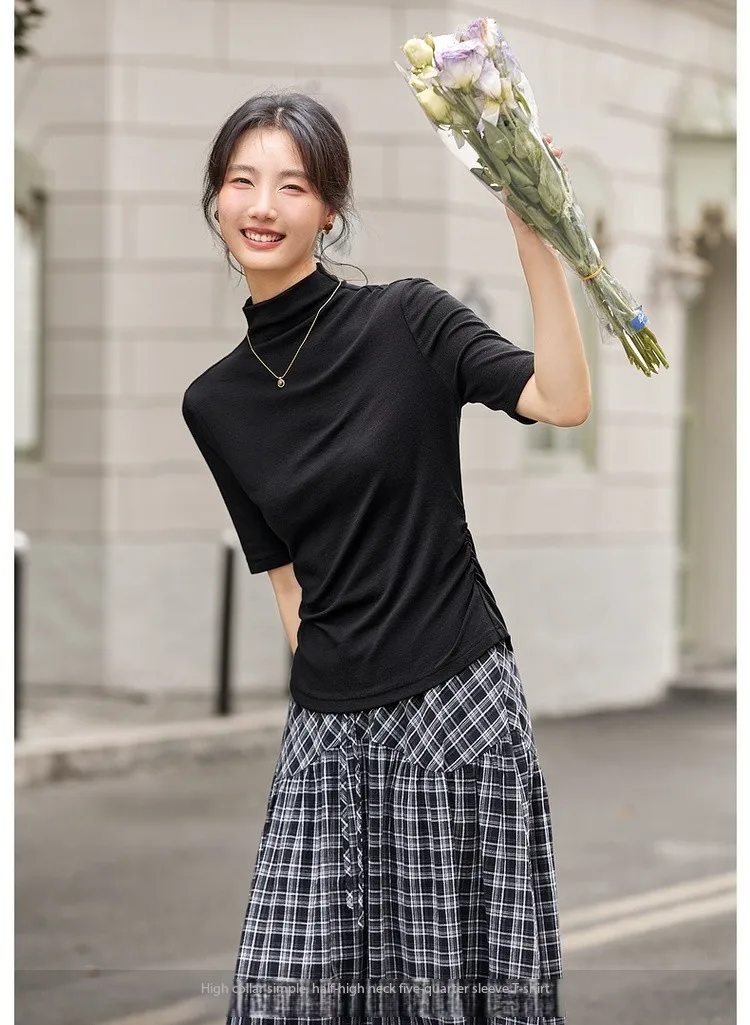 VIMLY Women's Half Sleeve T-shirts Autumn 2026 Casual Folds Mandarin Collar Knitted Slim Fit Ladies Tops Woman Clothing A2811
