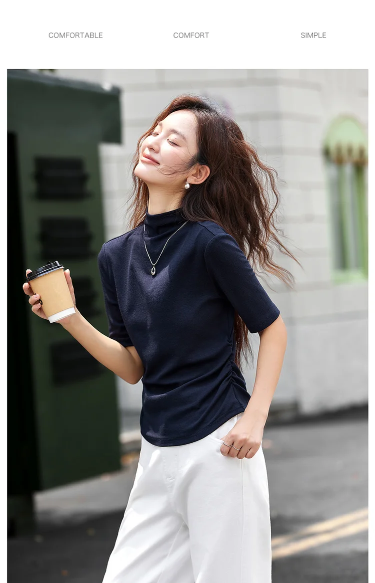 VIMLY Women's Half Sleeve T-shirts Autumn 2026 Casual Folds Mandarin Collar Knitted Slim Fit Ladies Tops Woman Clothing A2811