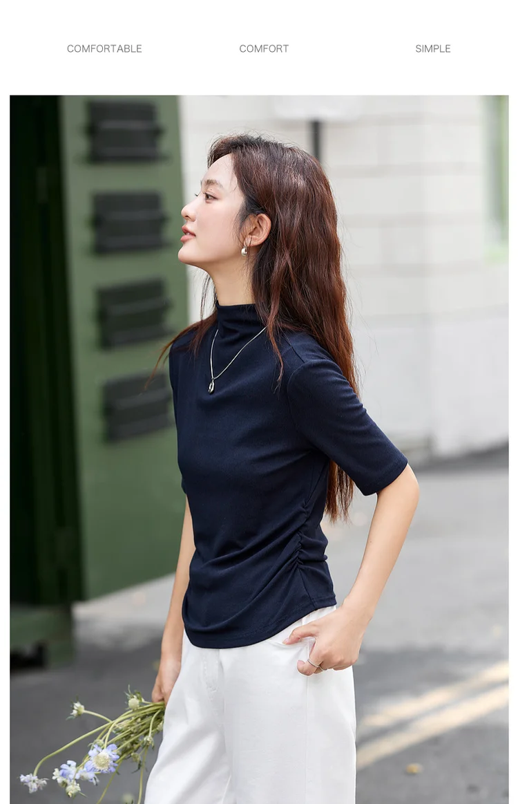 VIMLY Women's Half Sleeve T-shirts Autumn 2026 Casual Folds Mandarin Collar Knitted Slim Fit Ladies Tops Woman Clothing A2811
