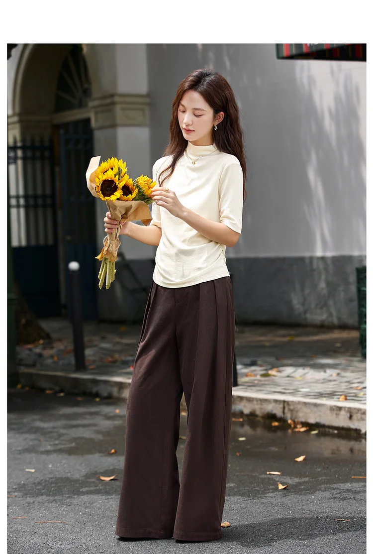 VIMLY Women's Half Sleeve T-shirts Autumn 2026 Casual Folds Mandarin Collar Knitted Slim Fit Ladies Tops Woman Clothing A2811