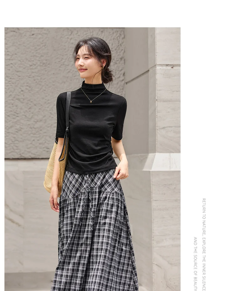 VIMLY Women's Half Sleeve T-shirts Autumn 2026 Casual Folds Mandarin Collar Knitted Slim Fit Ladies Tops Woman Clothing A2811