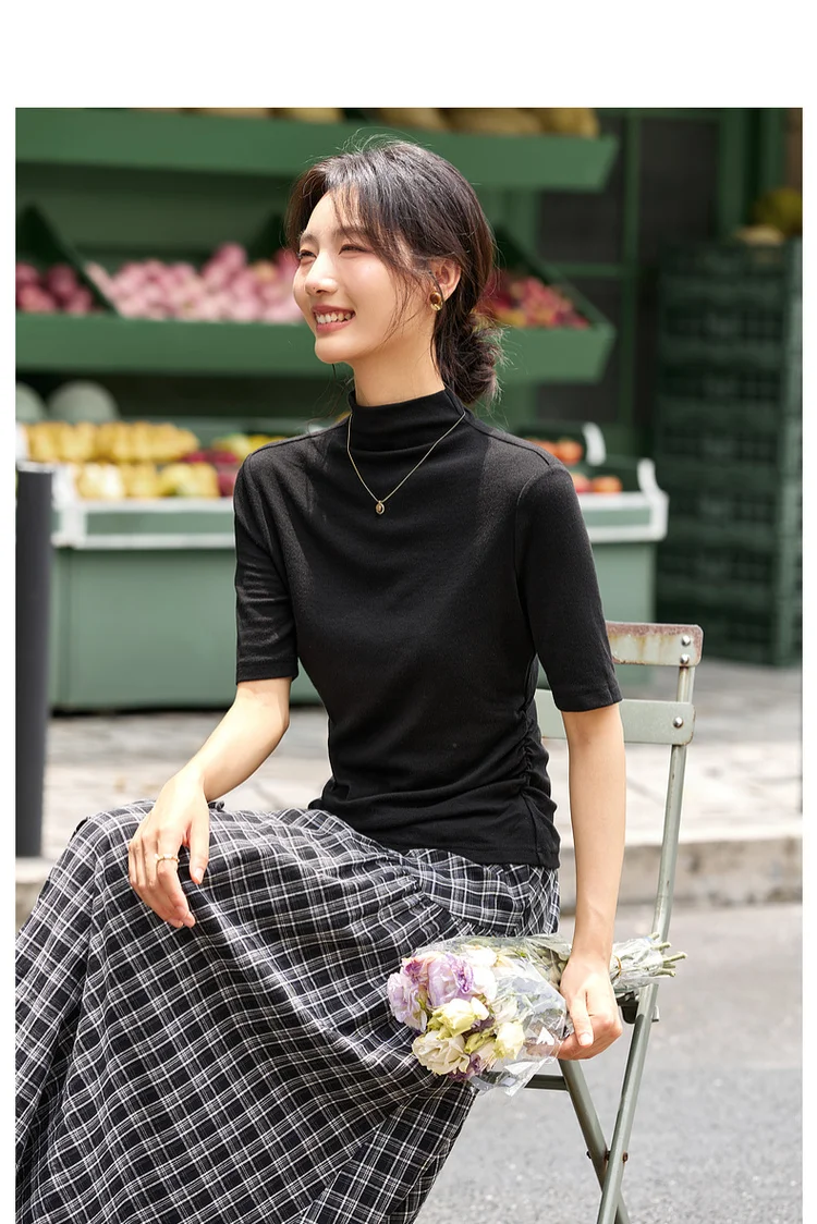 VIMLY Women's Half Sleeve T-shirts Autumn 2026 Casual Folds Mandarin Collar Knitted Slim Fit Ladies Tops Woman Clothing A2811