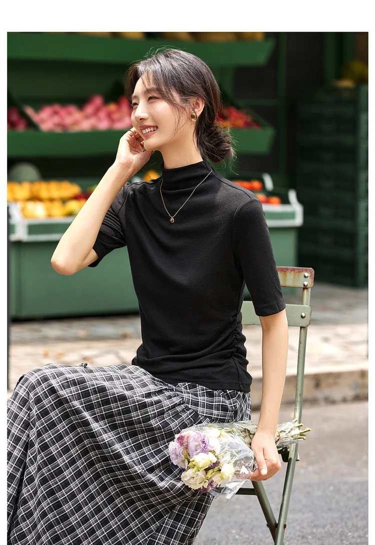 VIMLY Women's Half Sleeve T-shirts Autumn 2026 Casual Folds Mandarin Collar Knitted Slim Fit Ladies Tops Woman Clothing A2811