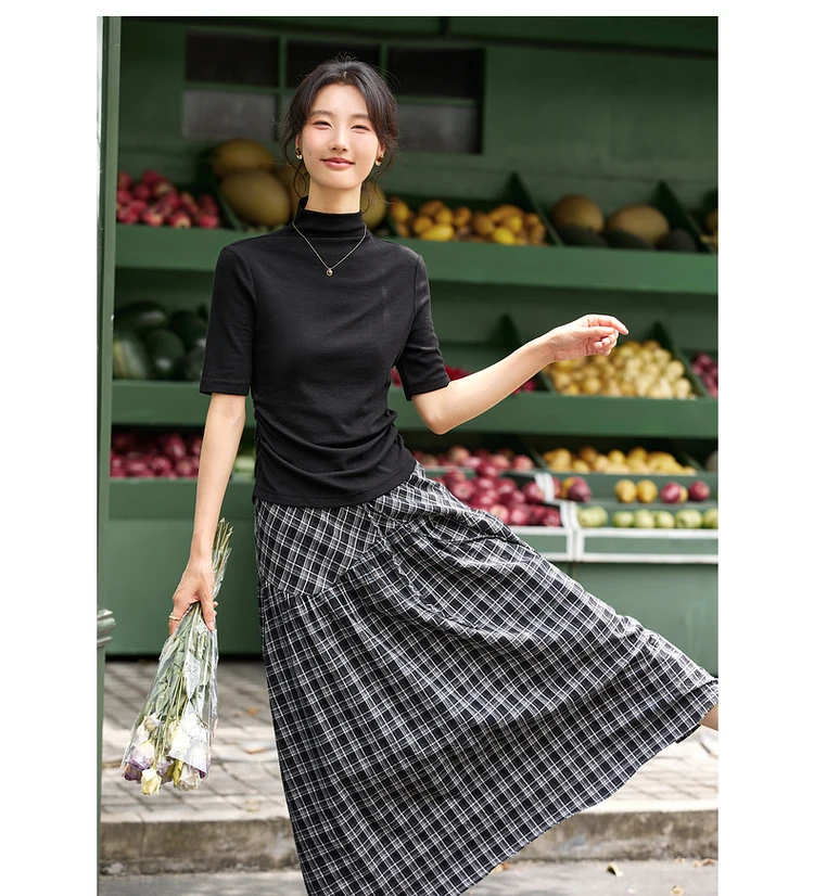 VIMLY Women's Half Sleeve T-shirts Autumn 2026 Casual Folds Mandarin Collar Knitted Slim Fit Ladies Tops Woman Clothing A2811