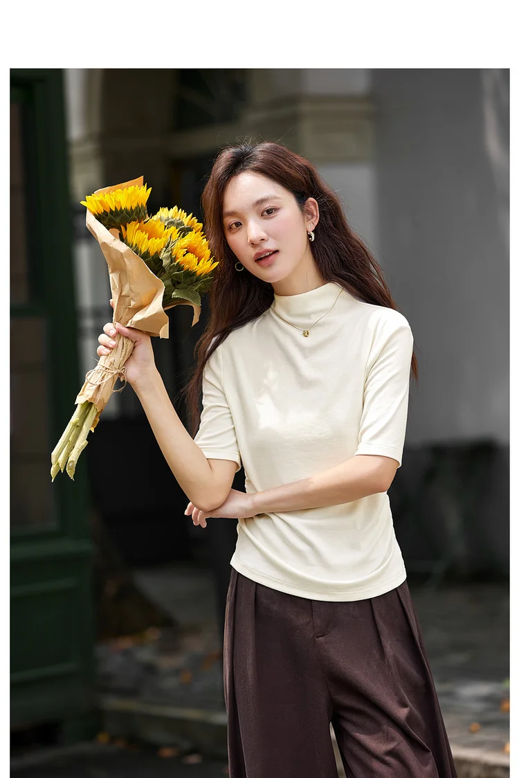 VIMLY Women's Half Sleeve T-shirts Autumn 2026 Casual Folds Mandarin Collar Knitted Slim Fit Ladies Tops Woman Clothing A2811