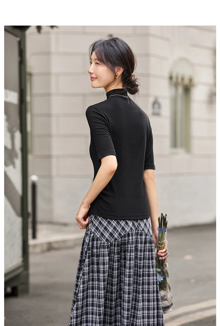 VIMLY Women's Half Sleeve T-shirts Autumn 2026 Casual Folds Mandarin Collar Knitted Slim Fit Ladies Tops Woman Clothing A2811