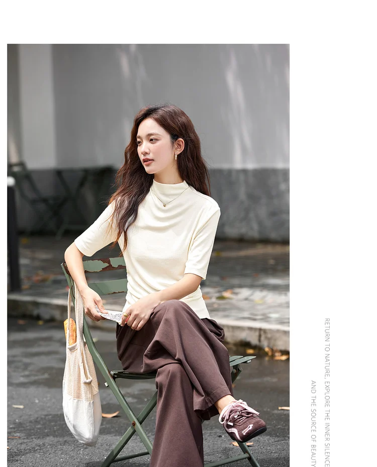VIMLY Women's Half Sleeve T-shirts Autumn 2026 Casual Folds Mandarin Collar Knitted Slim Fit Ladies Tops Woman Clothing A2811