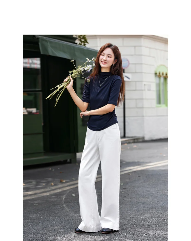 VIMLY Women's Half Sleeve T-shirts Autumn 2026 Casual Folds Mandarin Collar Knitted Slim Fit Ladies Tops Woman Clothing A2811